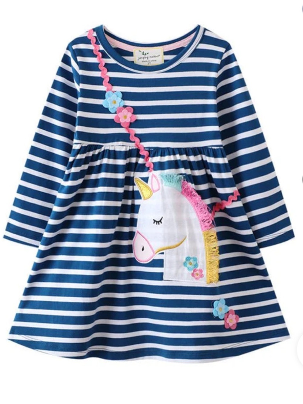 Kids yard Greenland Turquoise Stripe Unicorn Appliqué Long-Sleeve 4T Dress